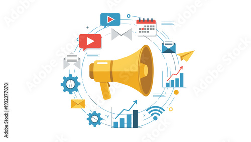 Yellow megaphone surrounded by various digital marketing and social media icons in a circular arrangement on white.