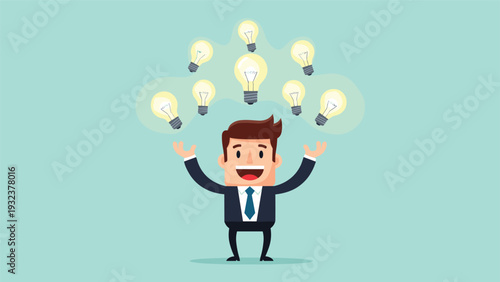 Excited businessman with his arms raised as multiple glowing lightbulbs float above him symbolizing great ideas.
