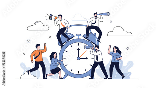 Team of business professionals working together on a giant alarm clock representing time management and deadlines.