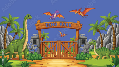 Vector illustration of a cartoon dino park entrance with a wooden gate, palm trees, mountains, and various cute dinosaurs flying.