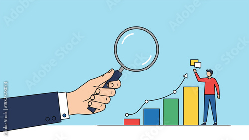 Large hand holding a magnifying glass over a rising bar graph with a man pointing at the positive data trends.