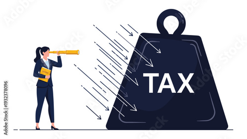 Businesswoman using a telescope to look at a massive heavy weight labeled TAX representing financial burden and costs.