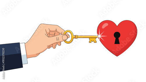 Human hand inserting a golden key into a keyhole in a large red heart symbolizing love and emotional connection.