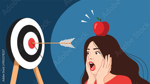 Scared woman with an apple on her head looking at an arrow that just hit the bullseye of a target right next to her.