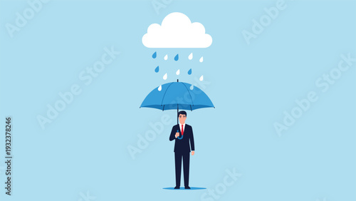 Businessman holding a blue umbrella to protect himself from a personal rain cloud floating above his head on a light blue background.
