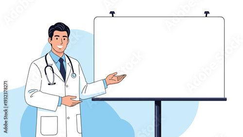 Smiling male doctor in a white lab coat with a stethoscope standing next to a large blank whiteboard for a medical presentation or lecture.