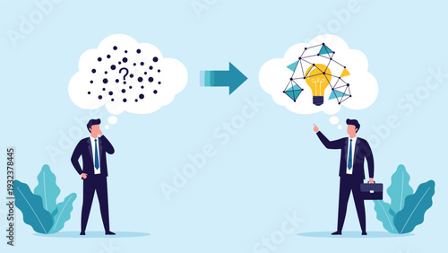 Illustration of two businessmen showing the process of transforming confusion and random dots into a structured network with a bright idea bulb.