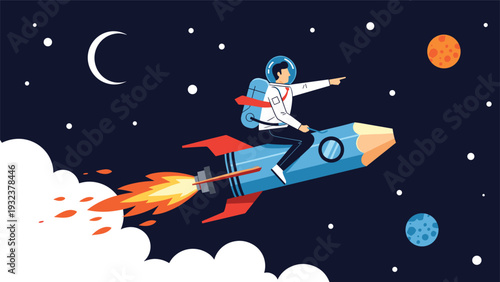 Creative businessman wearing an astronaut helmet riding a rocket shaped like a pencil through outer space past planets and a crescent moon.