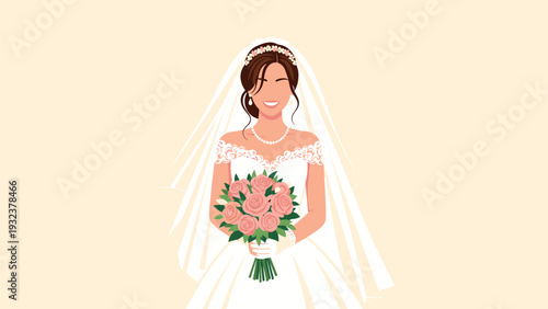 Portrait of a beautiful smiling bride wearing a white wedding dress with lace details and holding a bouquet of pink roses on a peach background.
