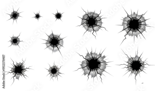 A set of black bullet hole vector graphics on a white background