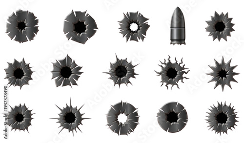 A set of bullet holes and a bullet in a vector graphic design
