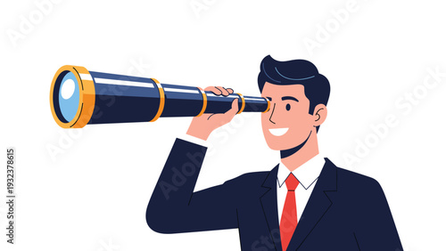 Ambitious businessman in a suit holding and looking through a long vintage telescope to find future opportunities or business goals.