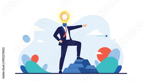 Innovative businessman with a bright light bulb for a head standing on top of a pyramid of gold bars pointing towards the future.