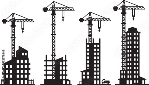 Construction Site Silhouette Vector Illustration, Tower Cranes Building Skyscrapers, Under Construction Buildings, Crane Machinery, Urban Development and Real Estate Growth Art