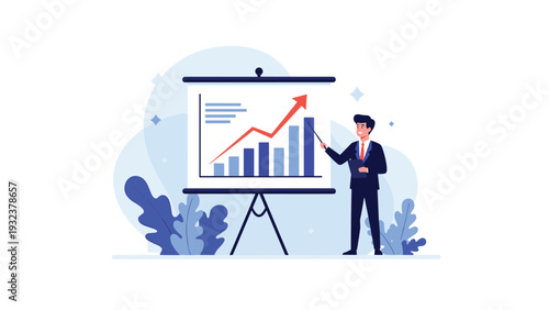 Happy businessman in a suit using a pointer to show a rising red arrow on a bar chart displayed on a professional presentation stand.