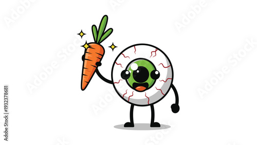 Cute cartoon eyeball character with a green iris standing and happily holding up an orange carrot representing eye health and nutrition.