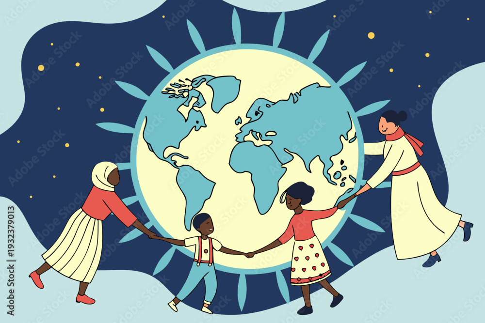 Naklejka premium Diverse people holding hands in a harmonious circle around a large world globe, symbolizing global unity, peace, and community in a charming vector graphic illustration.