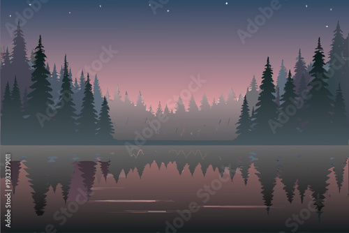Twilight forest lake reflection serene dusk sky with stars pine trees silhouette peaceful nature scene