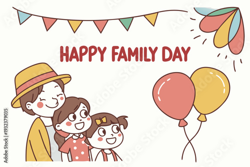 A charming vector illustration depicting a joyous family celebration with a mother and her two happy daughters looking up, surrounded by festive bunting and colorful balloons for family day.