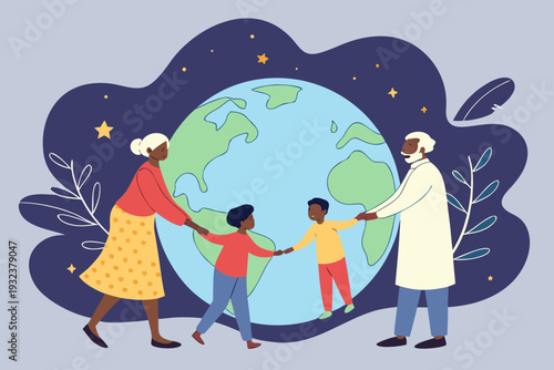 Diverse generations of people holding hands around planet Earth, symbolizing global unity, community, and environmental protection in a friendly vector graphic illustration.