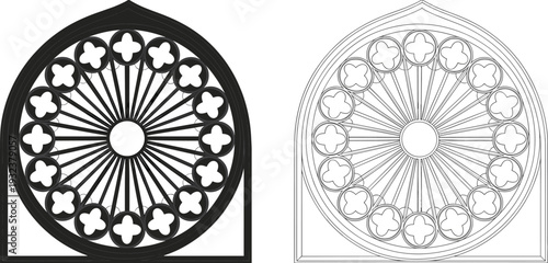 Black and white gothic rose window design with detailed circular tracery and cathedral arch frame isolated on white background, architectural vector illustration