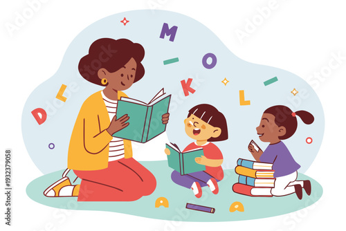 A cheerful diverse group enjoys learning together, as a friendly adult reads a captivating storybook to two happy children in this vibrant educational vector illustration graphic design.