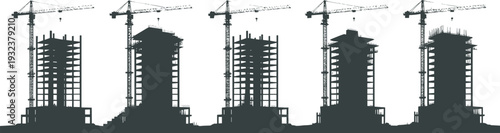 Tower Crane Construction Silhouette Vector Illustration, Multiple Cranes Over High-Rise Buildings, Under Construction Skyscrapers, Urban Development Site, Real Estate Project Black Outline Art