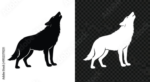 Black and white howling wolf silhouettes symbolizing wilderness, strength, and nocturnal mystery on transparent backgrounds.