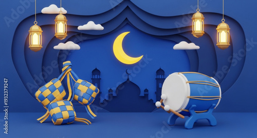 3s Illustration of Happy Ramadan and Eid al-Fitr with Ketupat and Bedug