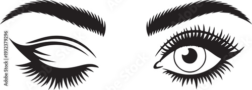 Hand-drawn woman's sexy makeup look with perfectly perfectly shaped eyebrows and extra full lashes. Idea for business visit card, typography vector.Perfect salon look