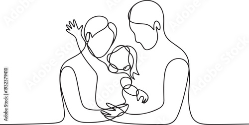 Happy family in continuous line art drawing style. United family portrait of parents and their little girl kid black linear sketch isolated on white background. Vector illustration