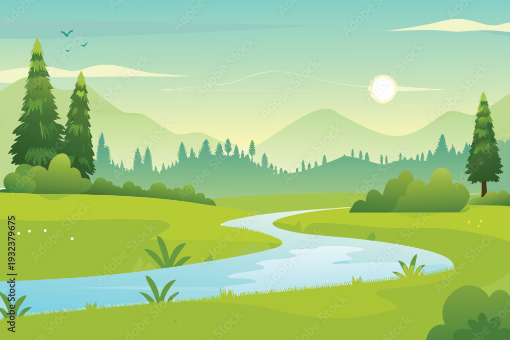 Obraz premium Winding River Through Green Hills and Trees Bright Sun Blue Sky Birds Flying