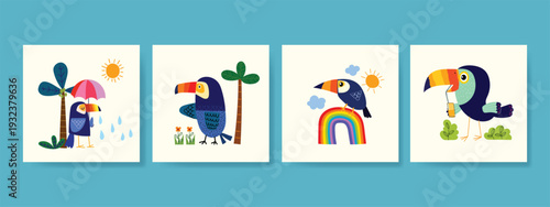 Set of cute cartoon toucan bird childish hand drawn on branch vector illustration. Tropical birds collection.