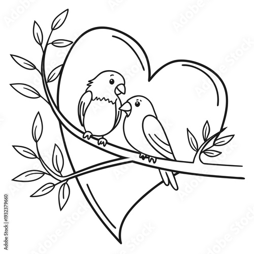 Cute Lovebirds on Heart Branch Doodle Line Art Vector Illustration 