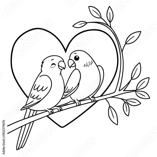 Cute Lovebirds on Heart Branch Doodle Line Art Vector Illustration 