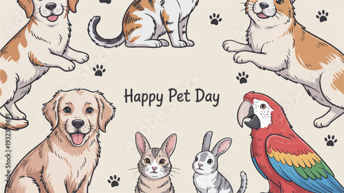 Happy pet day illustration with dogs cats rabbits and parrot celebrating together
