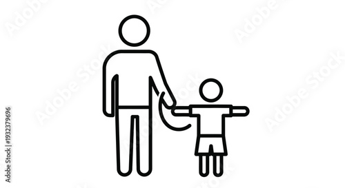 Simple black and white line art icon illustrating a parent holding hands with a small child