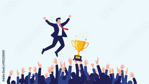 Enthusiastic crowd of people throwing a businessman in the air next to a gold trophy celebrates victory and success.