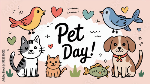 Colorful pets and animals celebrate pet day with hearts and love