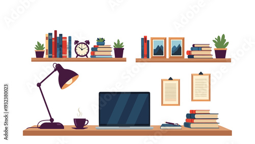 Organized home office workspace with a laptop computer books and a desk lamp on a wooden table for remote working.