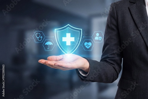 Business professional holds a holographic shield with a cross and medical icons in their palm
