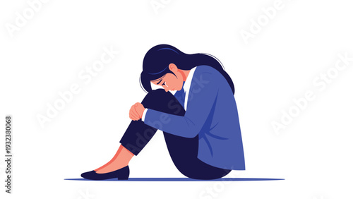 Sad businesswoman sitting on the floor and crying illustrates emotional stress and failure in a professional career.