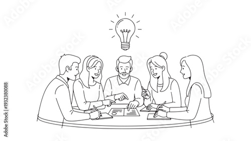 Business Strategy Meeting Illustration Team Discussion Around Table Showing Innovation Planning and Corporate Decision Making