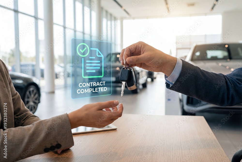 Fototapeta premium Handing over car keys with digital contract completed graphic