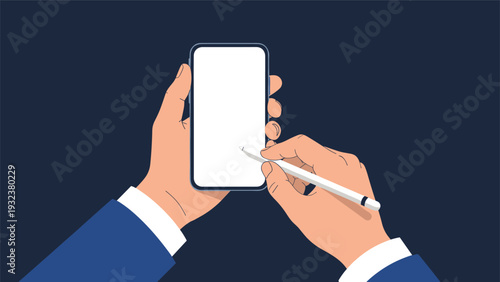 Person in a blue suit holds a modern smartphone and uses a digital stylus pen to write or draw on the bright blank white screen.