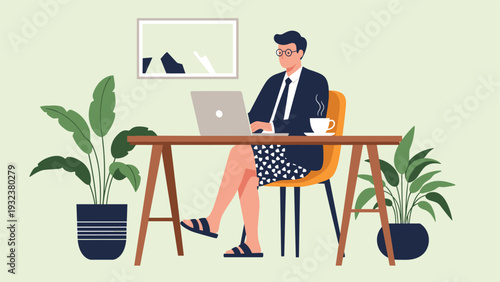 Modern professional man working from home sits at his desk wearing a suit jacket and glasses but only wearing patterned boxers.