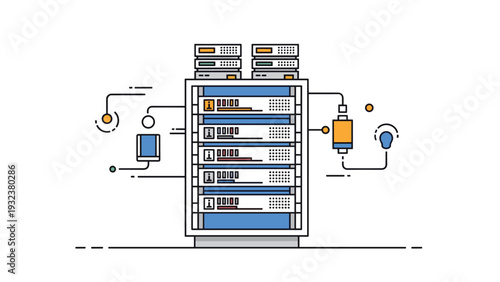 Network server racks are shown with various data cables and connection symbols representing modern cloud computing technology.
