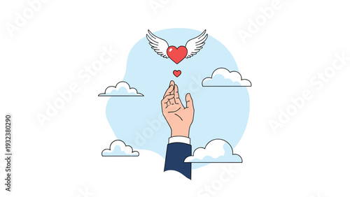 Hand in a suit reaches toward a winged heart flying among white clouds in a bright blue sky symbolizing love and aspiration.