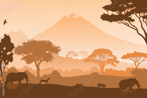 African Savannah Landscape Silhouette with Elephants and Mount Kilimanjaro Background