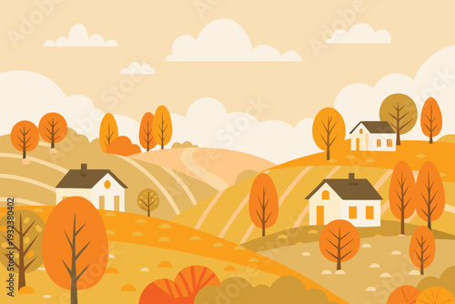 Autumn Landscape with Houses and Trees in Warm Tones Flat Design Stock Illustration